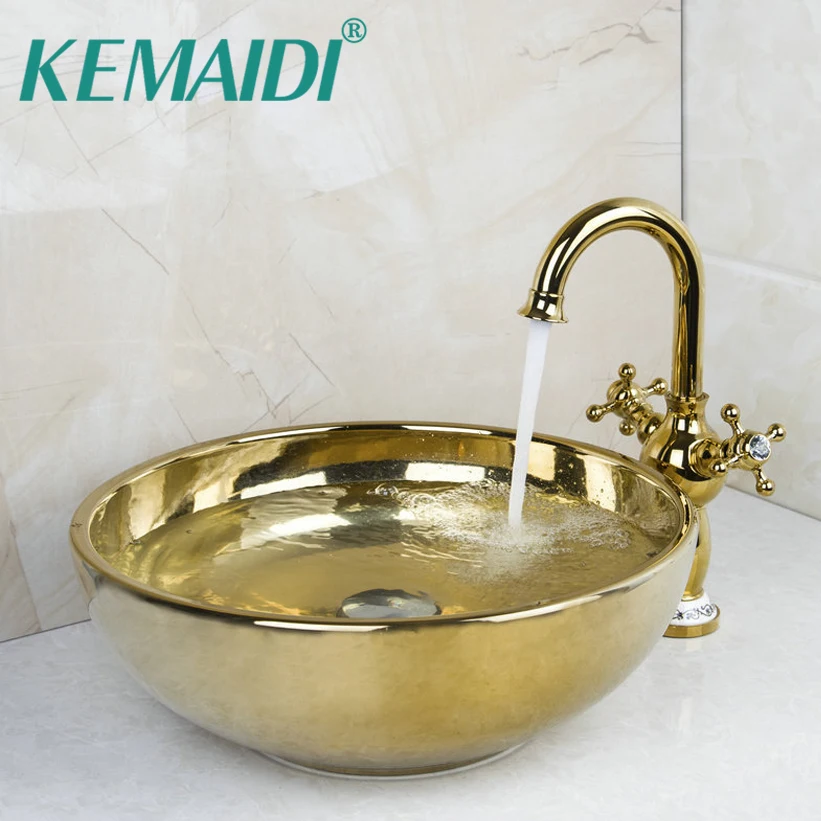 KEMAIDI полированная золотая чаша раковины/раковины с водопадом кран умывальник