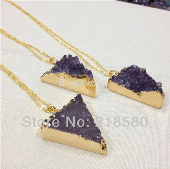 

H-QN66 Amethys Cluster Druzy Triangle Pendant Necklace Gold Color Druzy Agat Geometric Chain Necklace for Women