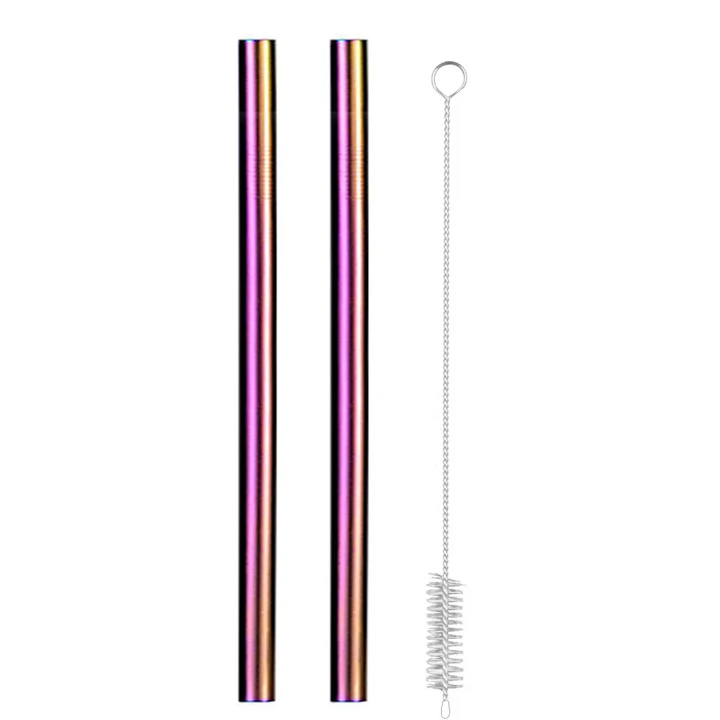 rainbow 2 pcs Многоразовая нержавеющая сталь Питьевая металлическая соломинка Boba Bubble чай соломинки для смузи прямые изогнутые разноцветные трубки силиконовые наконечники кисти - Цвет: rainbow 2 pcs