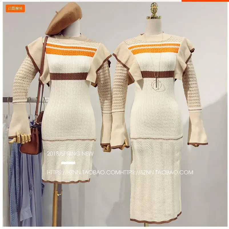 20118 Winter Long Sleeve Ruffles Sweaters Women Sweet Dresses Lady Flare Sweater Knit Tops | Женская одежда