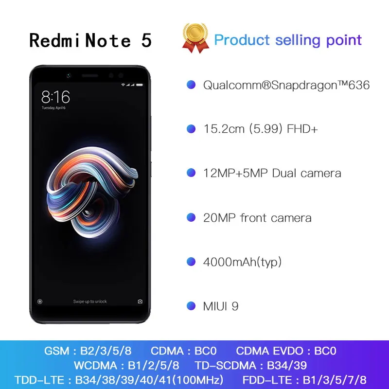 Имеются на складе! Смартфон Xiaomi Redmi Note 5 6 GB 64 Snapdragon S636 Octa Core 4000 mAh 2160*1080