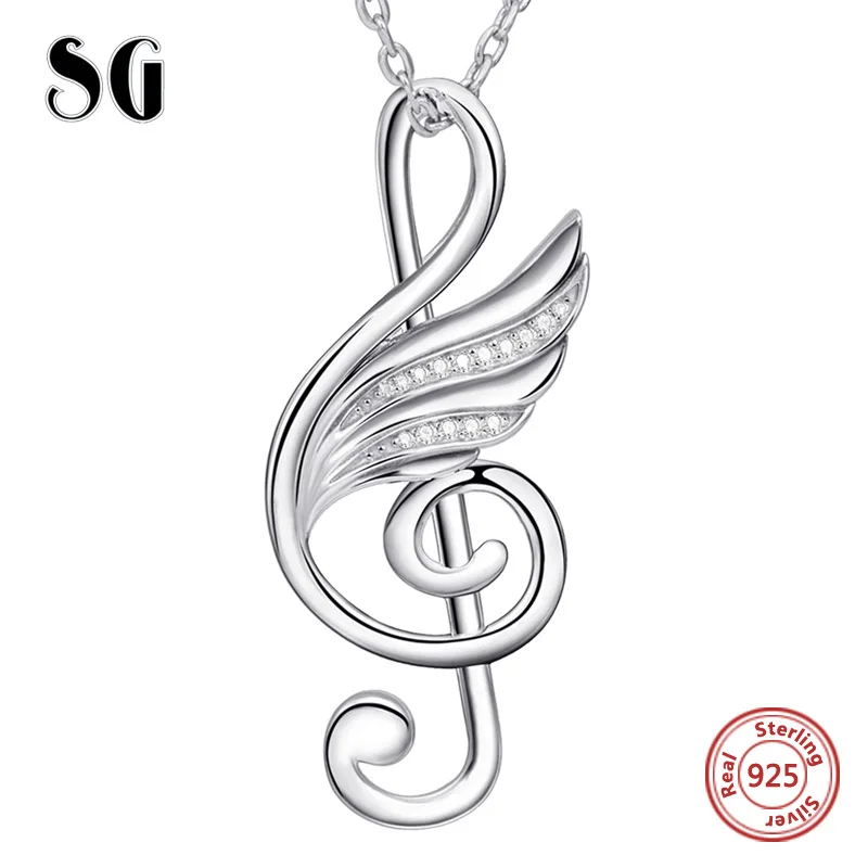 SG 2018 925 Sterling Silver Chain Necklace silver colour CZ Feather music notation Necklaces &amp Pendants For jewelry making | Украшения и