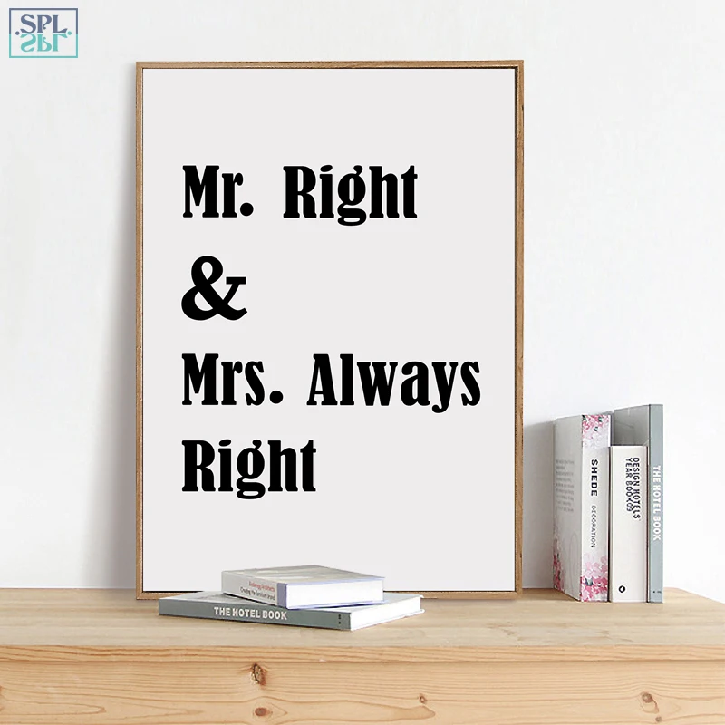 Mr. Right и Mrs. Always Love Quote Art Canvas Print картина абстрактная минималистическая черно белая