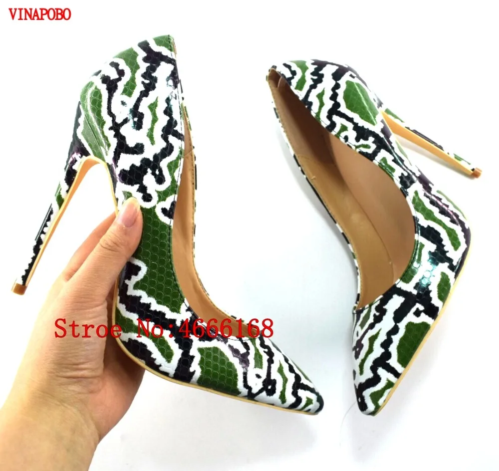 2019 Vinapobo Top Quality High Heel Party Wedding Women Shoes Fashion Sexy Pumps Green Snake Print Pointed | Обувь
