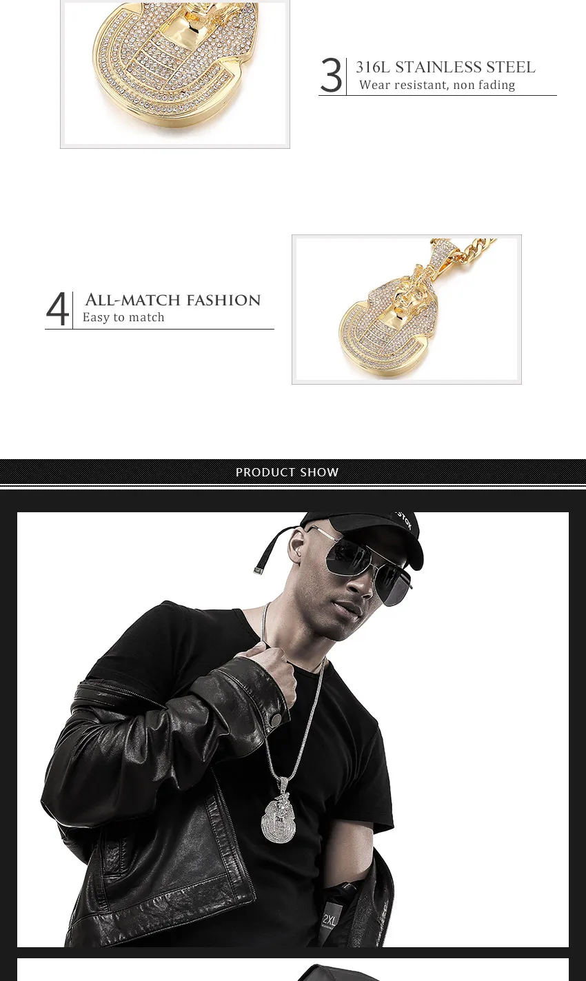 Огромная голова Фараона кулон со Льдом Bling кристалл очаровательный из нержавеющей стали подвески на цепочках ювелирные изделия хип хоп панк Куба ожерелье