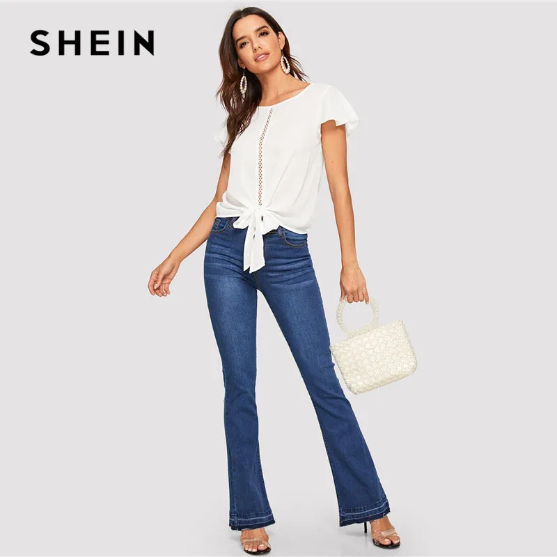 SHEIN Топ С Бантом И Оригинальным Рукавом Нарядная Блузка С Кружевом Модный Однотонный Топ С Коротким Рукавом