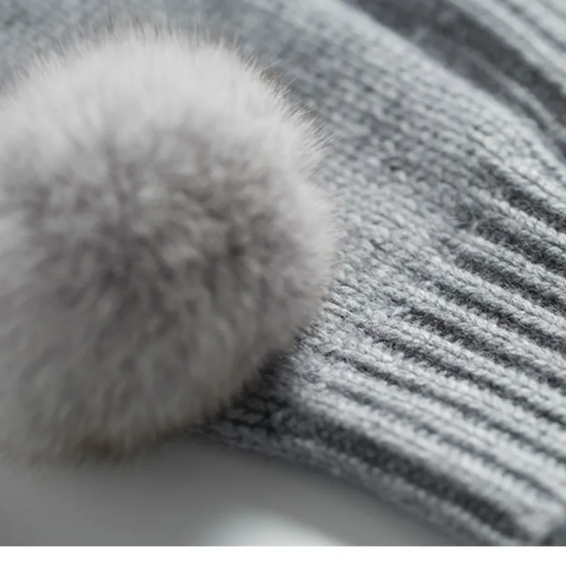 Women's 3D Faux Fox Fur Hair Balls Sweater Gray O-Neck Long Sleeved Pullovers Knitted Shirts Jumpers Short Crop Tops | Женская