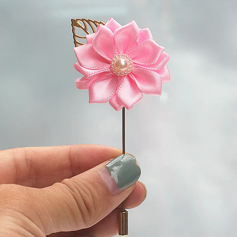 pink Marfim атласные цветы Жених булавка корсаж цветок de mariage золотой лист Свадебные корсажные броши для мужчин костюм XH889P-2 - Цвет: pink
