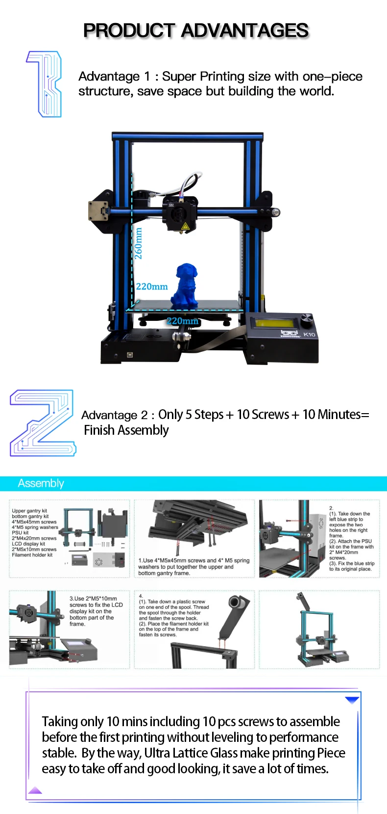 Kuongshun K10 с открытым исходным кодом быстрая сборка 3d принтер 220*220*260 Высокая PFrinting Accur хорошая адгезия платформа impresora 3d