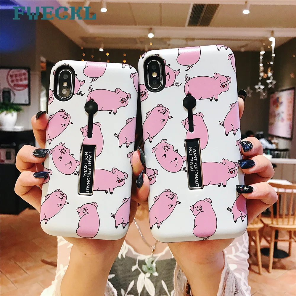 High quaity Hide Bracket Ring Phone Case For iPhone 6 6S Plus 7 8 Relief Cartoon Lovely Pink Pig XS MAX XR |