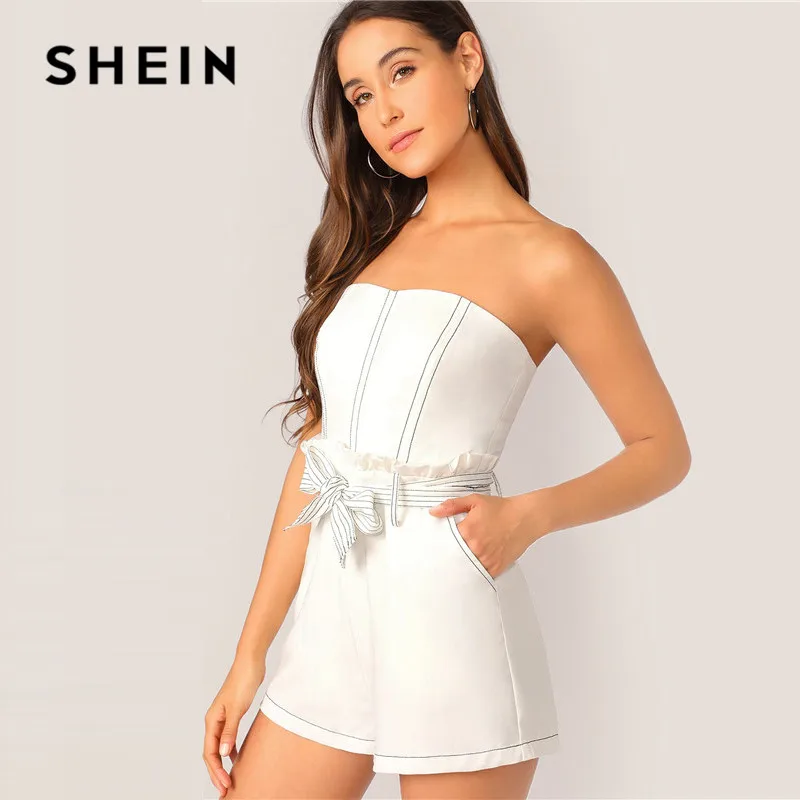 SHEIN контрастная стежка оборка отделка поясом белый комбинезон женский комбинезон без рукавов сексуальный Летний комбинезон средняя талия широкие брюки комбинезон