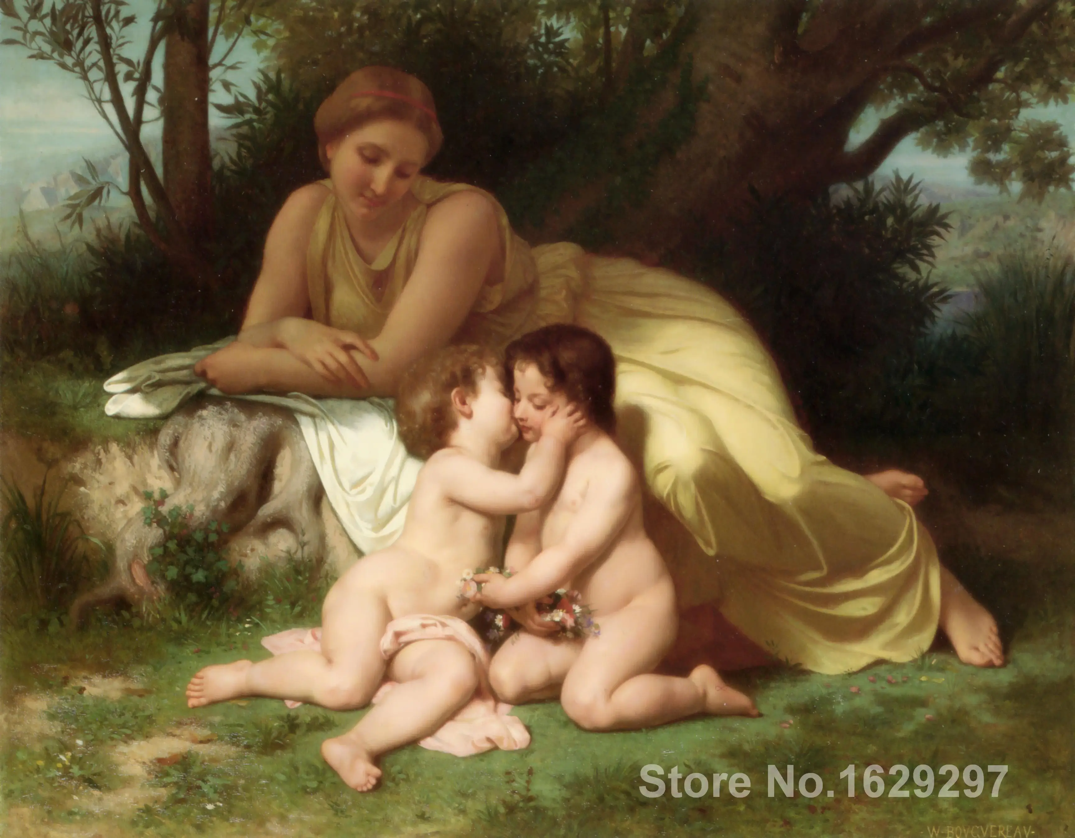 Молодой женщины созерцая два обнимая детей картины Вильяма Адольфа Bouguereau