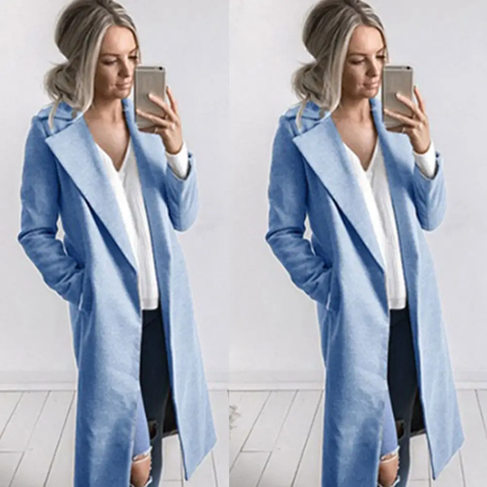 Blue Теплая ветровка; Сезон Зима; Для женщин тонкий на молнии, модная женская куртка vadim длинный Тренч с лацканами элегантное пальто для девочек; manteau OL пальто femme в готическом стиле - Цвет: Blue