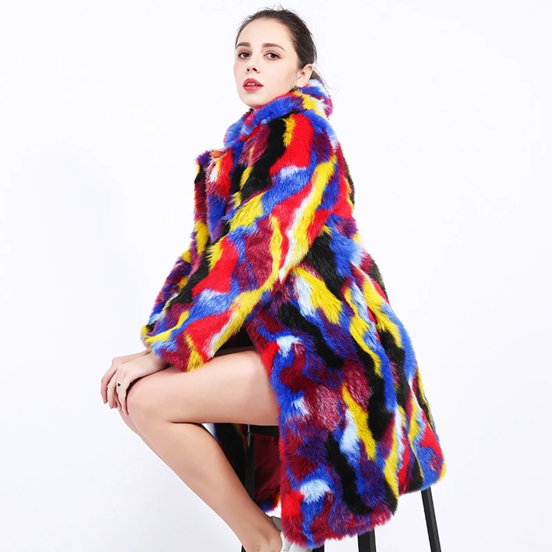 2019 пальто из искусственного меха цветная яркая куртка Женское зимнее длинное