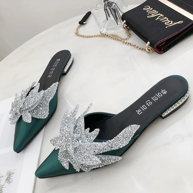 Мюли женские на плоской подошве блестящие туфли без застежек с кристаллами