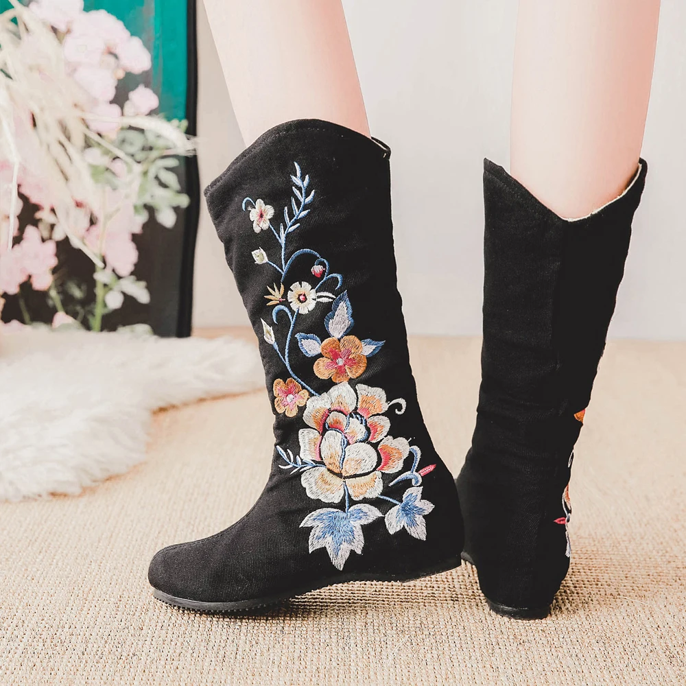 Винтажные осенние женские ботинки с вышивкой в китайском стиле botas Mujer черного