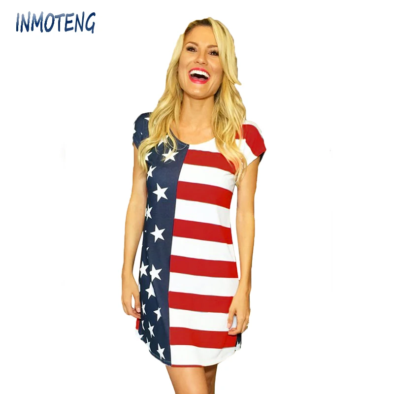 

INMOTENG The Stars and Stripes Short Sleeve Shirt Dress Women Streetwear Female Large Size Casual Vintage Dress Plus Size S-XL