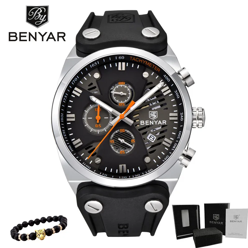 5110-Silver Orange BENYAR, новинка, 30 м, водонепроницаемые, для улицы, полый спортивный хронограф, часы, скелет, календарь, Мужские кварцевые наручные часы, Relogio Masculino - Цвет: 5110-Silver Orange