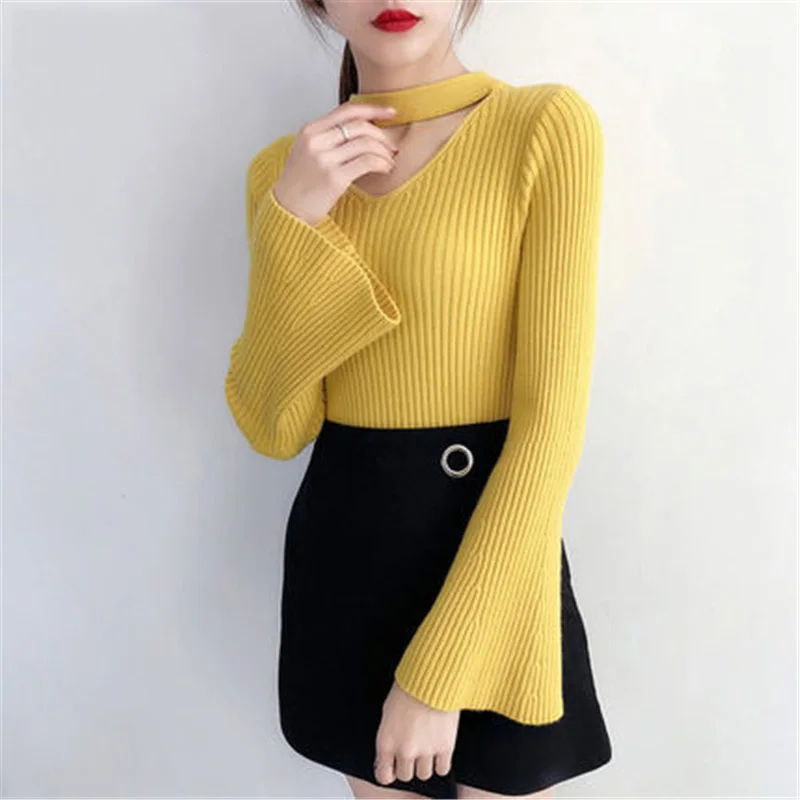Вязаный джемпер 2018 женский зимний облегающий короткий свитер с роговым