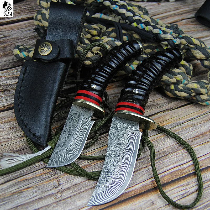 Ручной Кованый охотничий нож из дамасской стали фиксированный нож рога Дамасская сталь прямой нож Открытый походный тактический нож