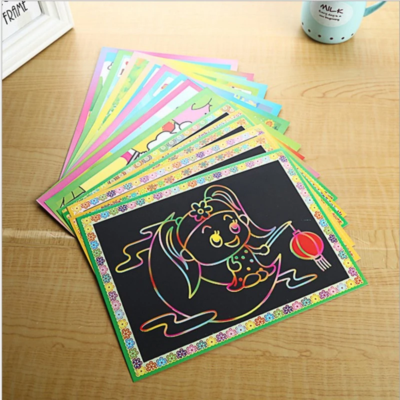 

10pcs children cartoon scraping painting for drawing toys/Kids baby 2 side Scratch paper for kindergarde school educational toys