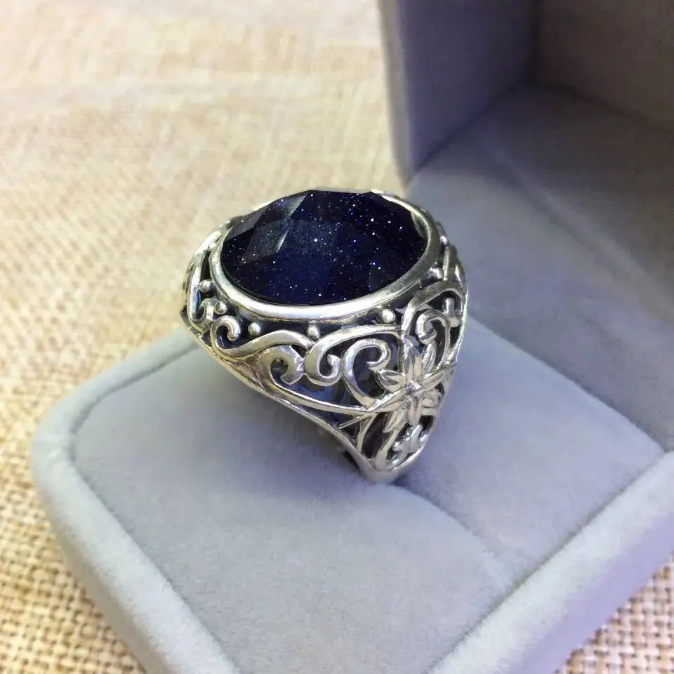

S925 Sterling Silver Retro Thai Silver Inlaid Blue Sand Stone Open Ended Men And Women Flower Fashion Ring