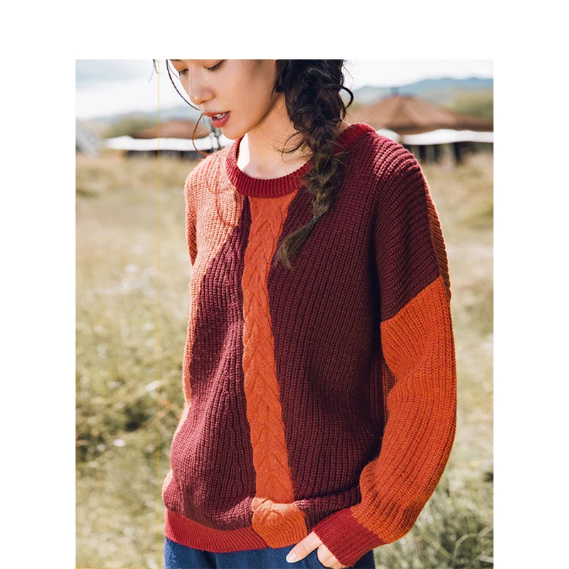 INMAN Winter Female Round Collar Contrast Color Jacquard Loose Retro Literary Pullover Women Sweater | Женская одежда