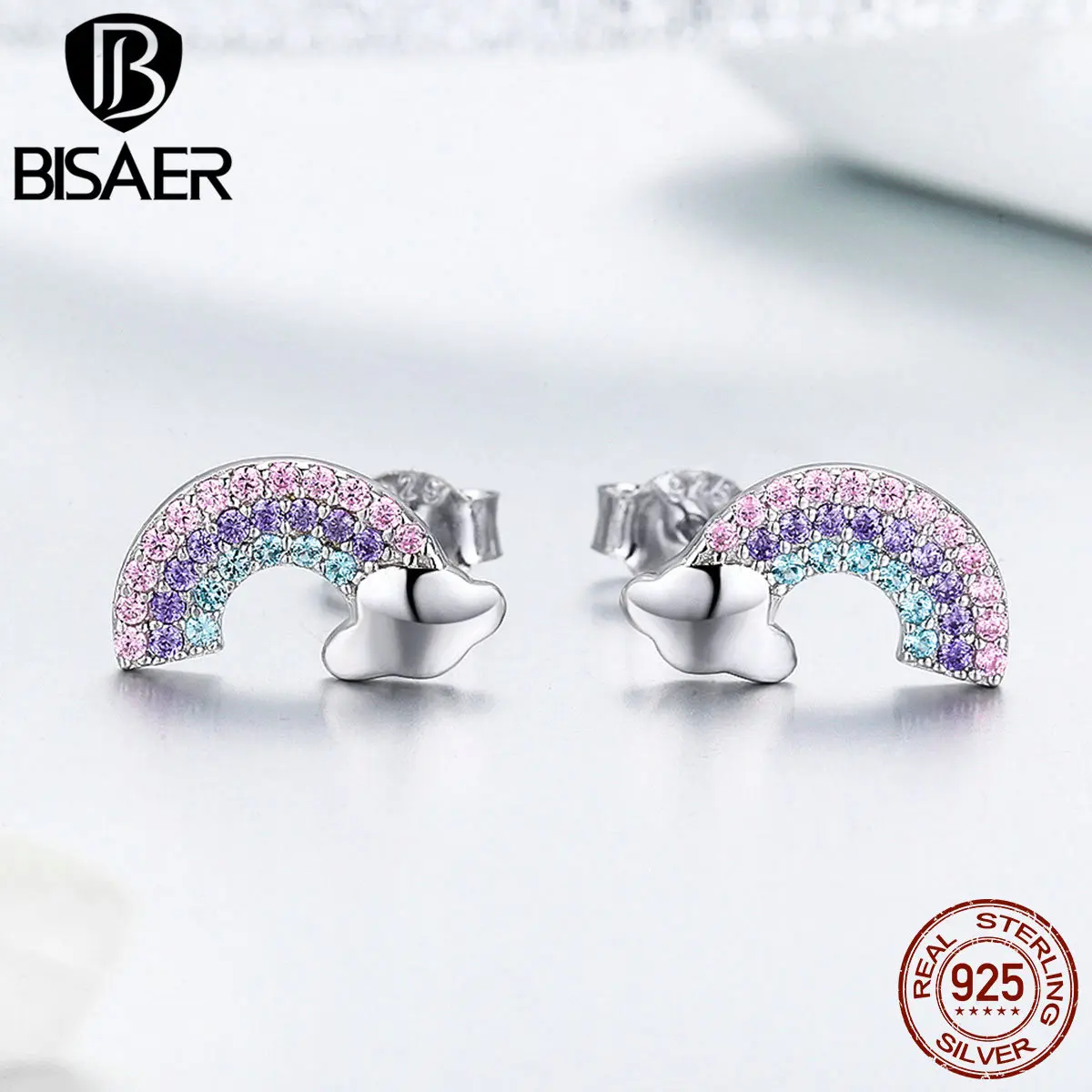 BISAER 925 пробы, серебряные серьги-гвоздики с радугой и облаком для женщин, кубический цирконий, маленькие серьги-гвоздики для девочек, режим GXE578