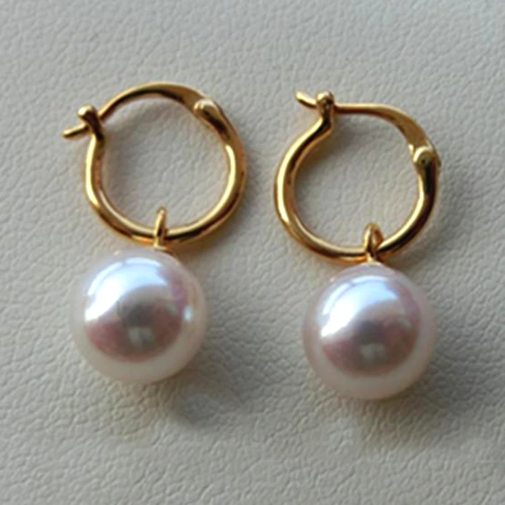 Серьги из японских жемчужин Акойя с ярким блеском для женщин, ювелирное изделие из 18-каратного желтого золота, свадебный подарок, подарок на Рождество для девочек, золотые.