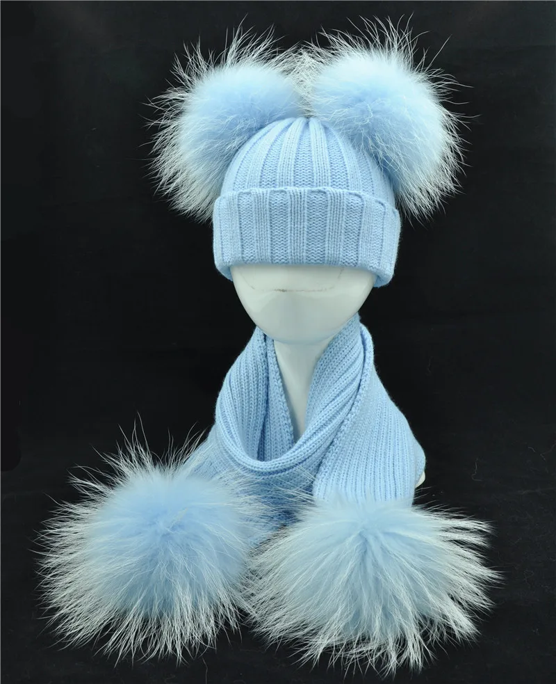 Зимний шарф из натурального меха и шапка, набор для детей, большие шары шляпы из натурального меха енота, двойные Меховые помпоны, шапочки, Детский Теплый шарф для девочек, шапка