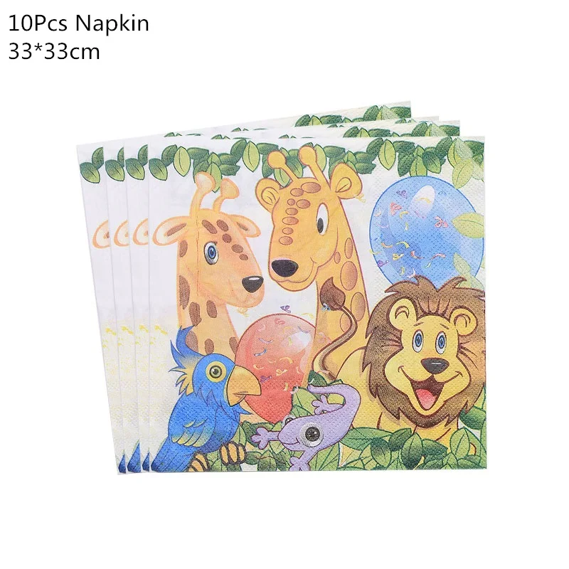 10pcs napkin Джунгли день рождения одноразовые столовые приборы Джунгли животных одноразовые тарелки/чашки/салфетки сафари джунгли вечерние украшения принадлежности - Color: 10pcs napkin