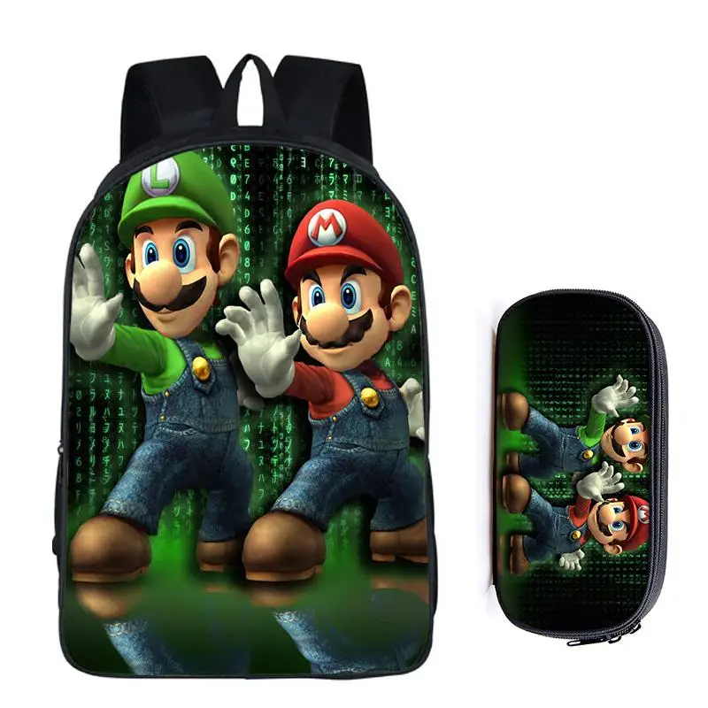 2Pcs Mario 03 16 дюймов Mario Bros Sonic the Hedgehog, школьная сумка для детей, рюкзак для мальчиков, детские школьные наборы, сумка-карандаш, школьная сумка для малышей - Цвет: 2Pcs Mario 03