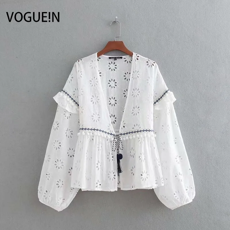 Женский белый кардиган VOGUEIN блузка с полой вышивкой и кисточками оптовая продажа