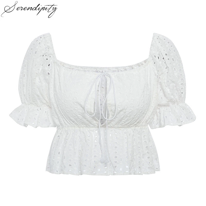 Женский топ SRDP с коротким рукавом на шнурках высокой талией | Женская одежда