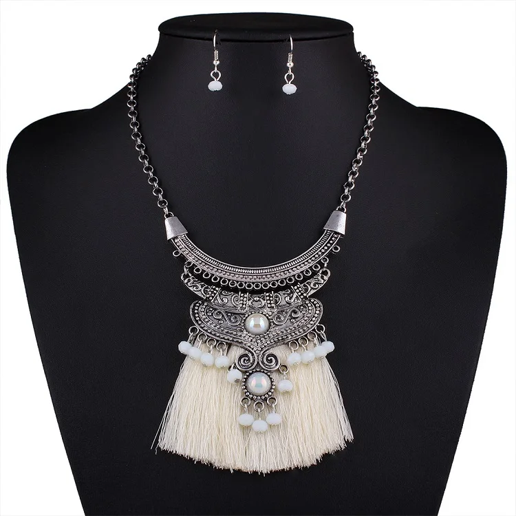 white Find Me,, Брендовое модное, опт, бохо, воротник с кисточками, колье, ожерелье, Ретро стиль, этническое, макси, массивное ожерелье, женское ювелирное изделие - Окраска металла: white