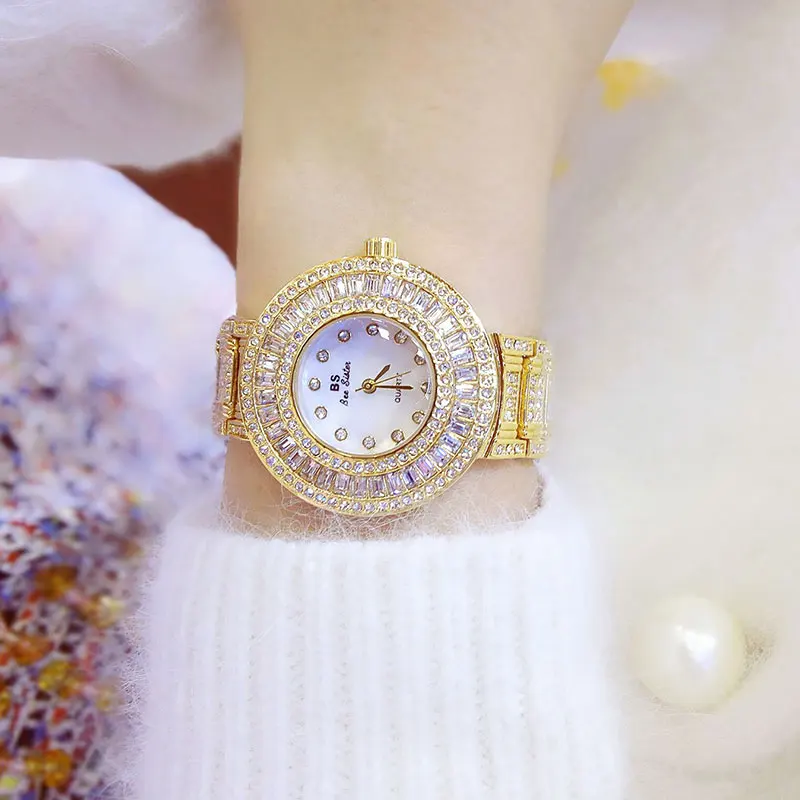 Женские кварцевые часы из нержавеющей стали роскошные золотистые наручные