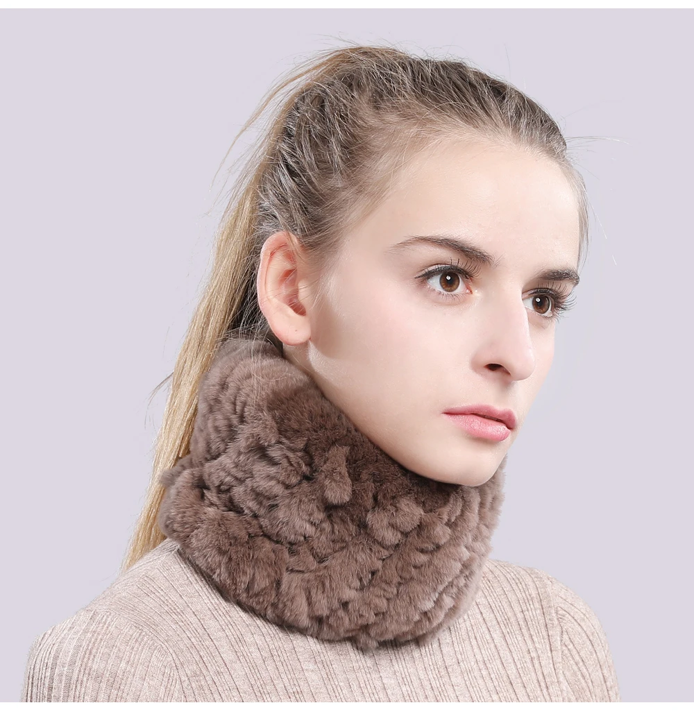 Women Real Fur Handmade Stretch Fur Scarf Knit Genuine Rex Rabbit Fur Headbands Girls Natural Fur Ring Cowl Snood Scarves Winter
