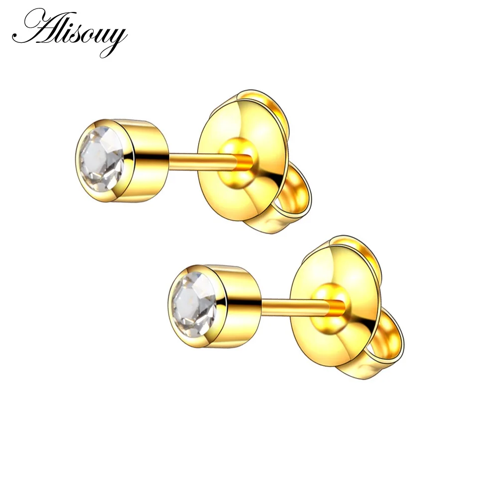 Gold-Clear 2 шт стальные серьги-гвоздики, пирсинг для ушей, камень по месяцу рождения, драгоценный камень, серьги-гвоздики, серебро/золото, цветные серьги-гвоздики, ушной хрящ, ювелирные изделия для тела - Окраска металла: Gold-Clear