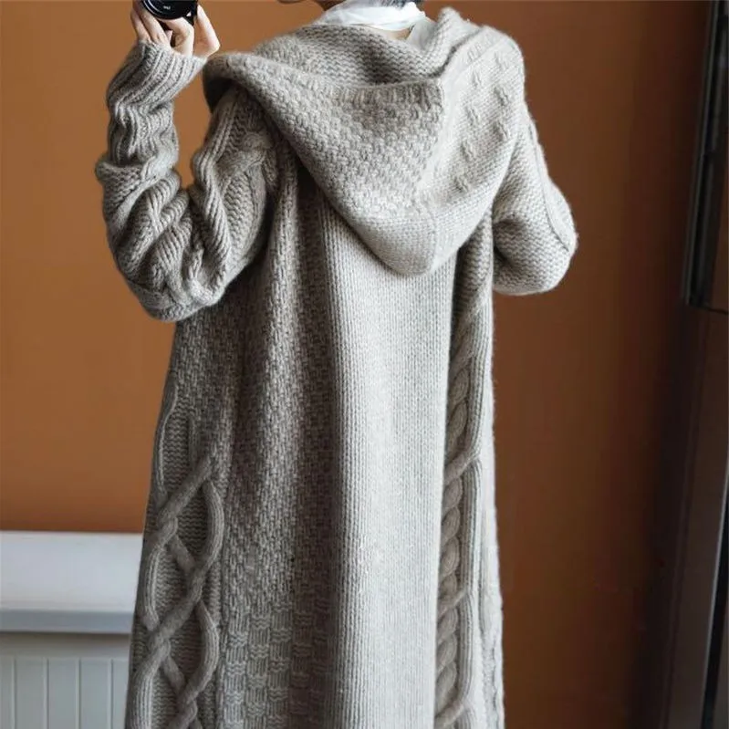 Женский длинный вязаный кардиган черный серый свитер с капюшоном и длинным