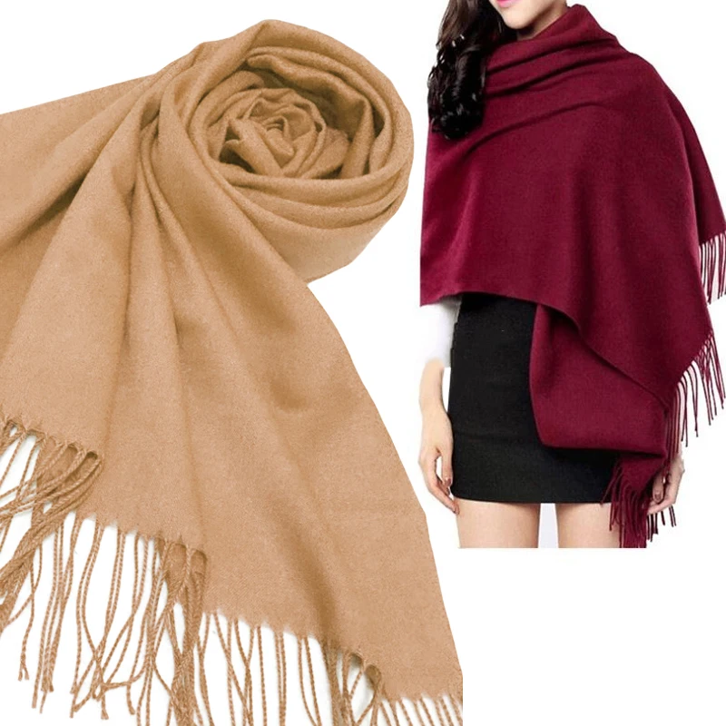 Модные зимние шерстяной кашемир шарфы Для женщин кисточкой шарф Soild Осень Леди