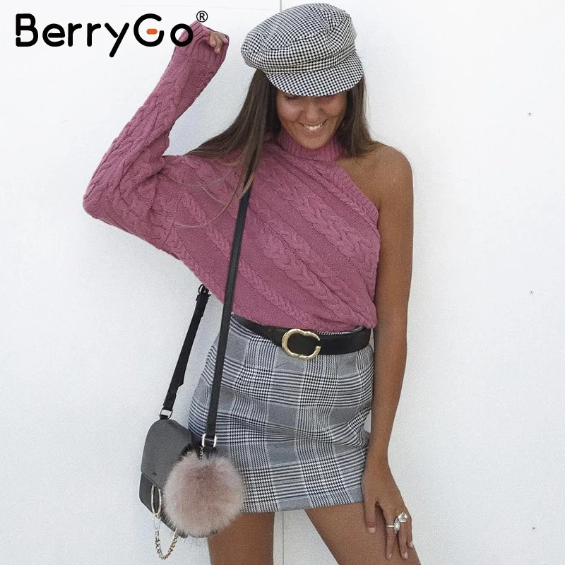 BerryGo One shoulder white turtleneck knit sweater female Fashion long sleeve casual pullover Women 2018 autumn winter jumper | Женская