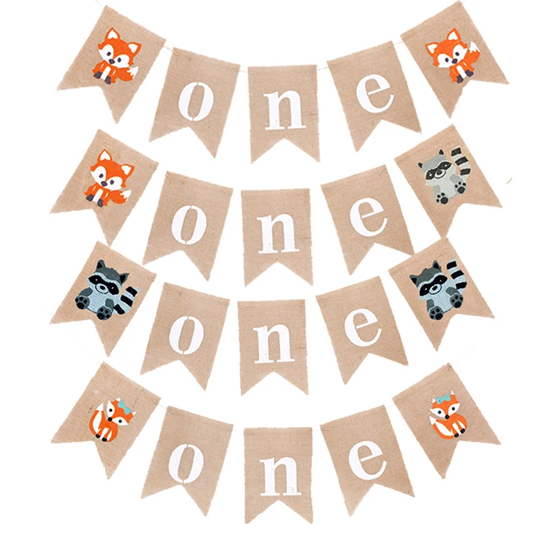 1pc/pack One year old cute fox raccoon birthday flag child party decoration linen swallowtail decor | Дом и сад