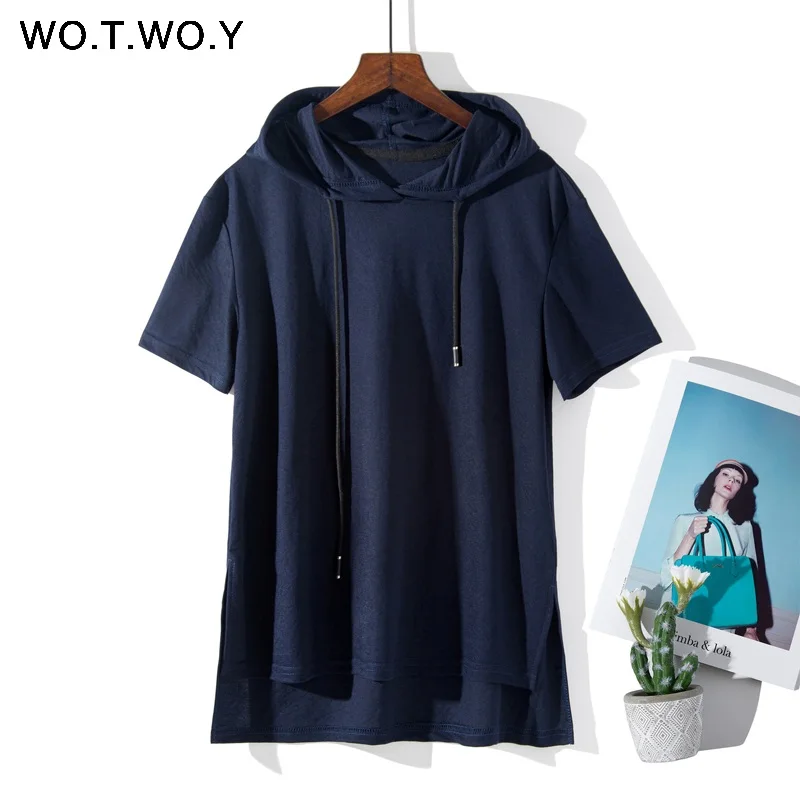 8218DarkBlue WOTWOY 9 красочных футболок с капюшоном для женщин летние хлопковые базовые повседневные свободные топы с коротким рукавом женские белые толстовки размера плюс - Цвет: 8218DarkBlue