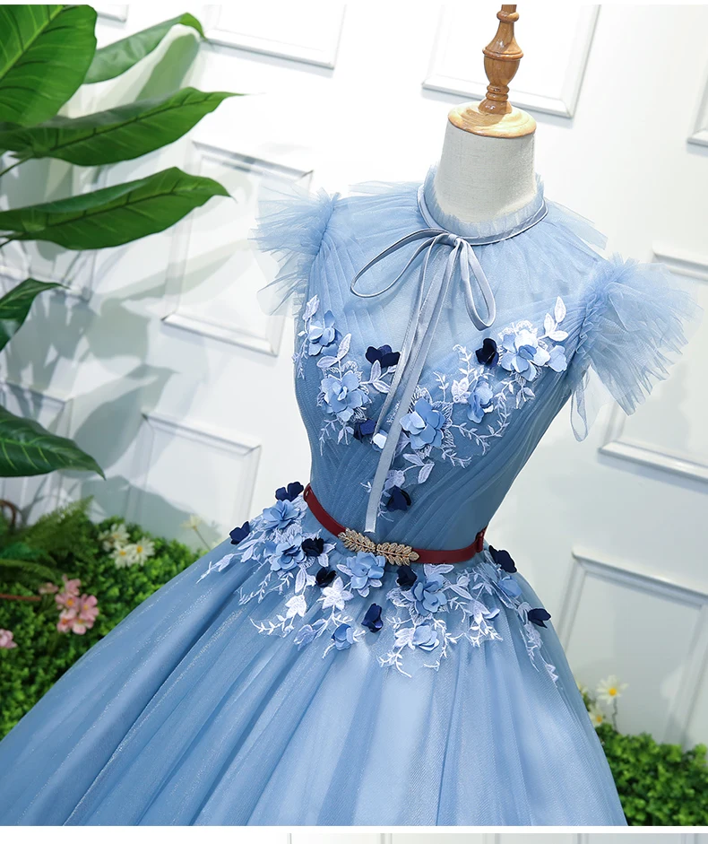 100% реальное светло-голубое платье с гофрированным воротником бальное цветочным