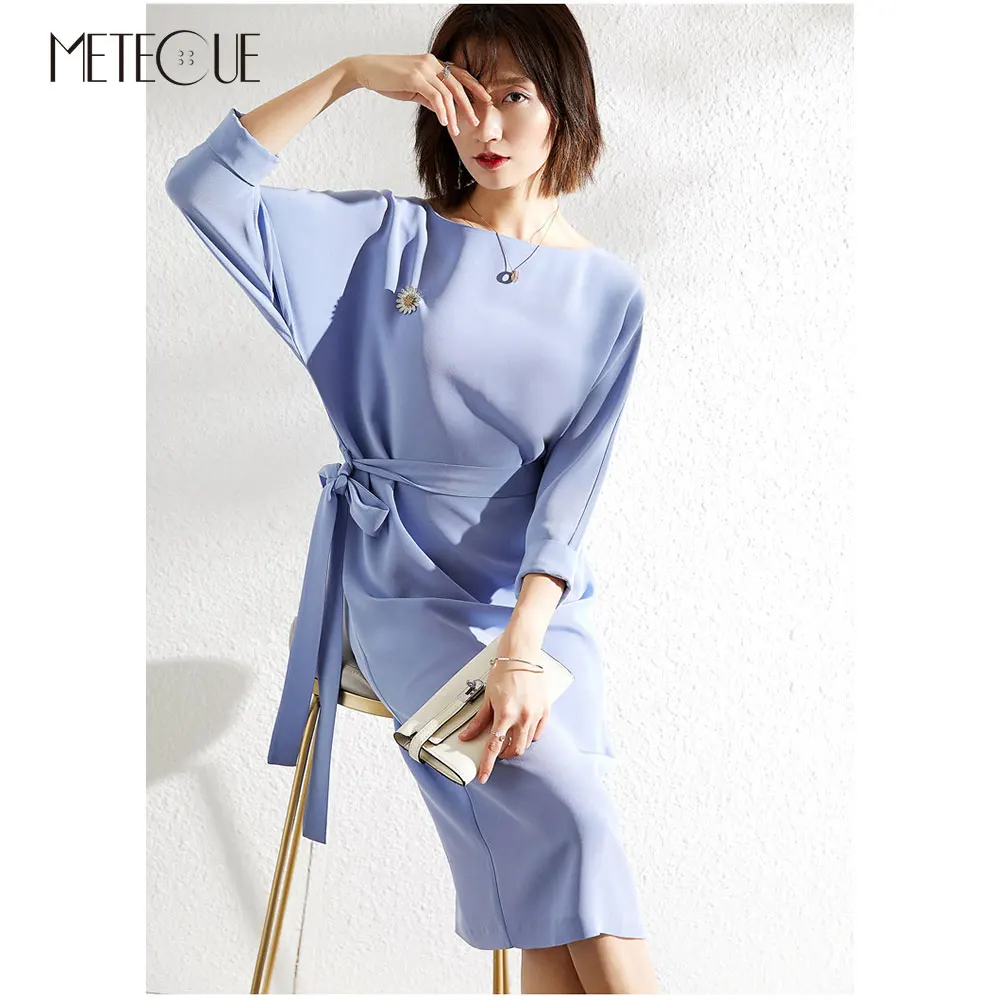 Офисная Леди Slash шеи миди платье с поясом 2019 весна лето мода седьмой рукав Миди