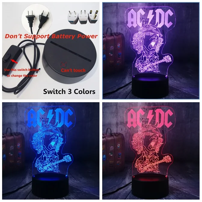 Switch only 3 Color Прохладный AC/DC рок группа музыкальные вентиляторы лучший подарок светодиодный 3d-ночник USB лампа настольная акриловая комната Домашний декор День рождения Рождественский подарок - Испускаемый цвет: Switch only 3 Color