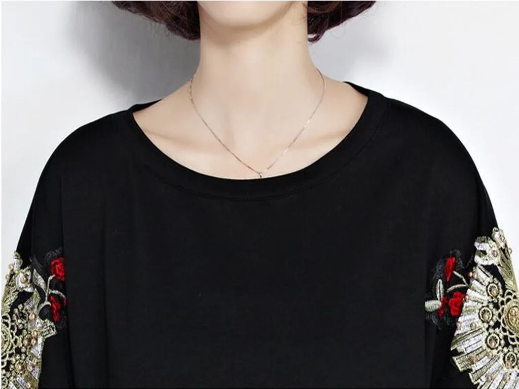 Свободные платья-футболки черный халат высокого качества Модные с цветочной