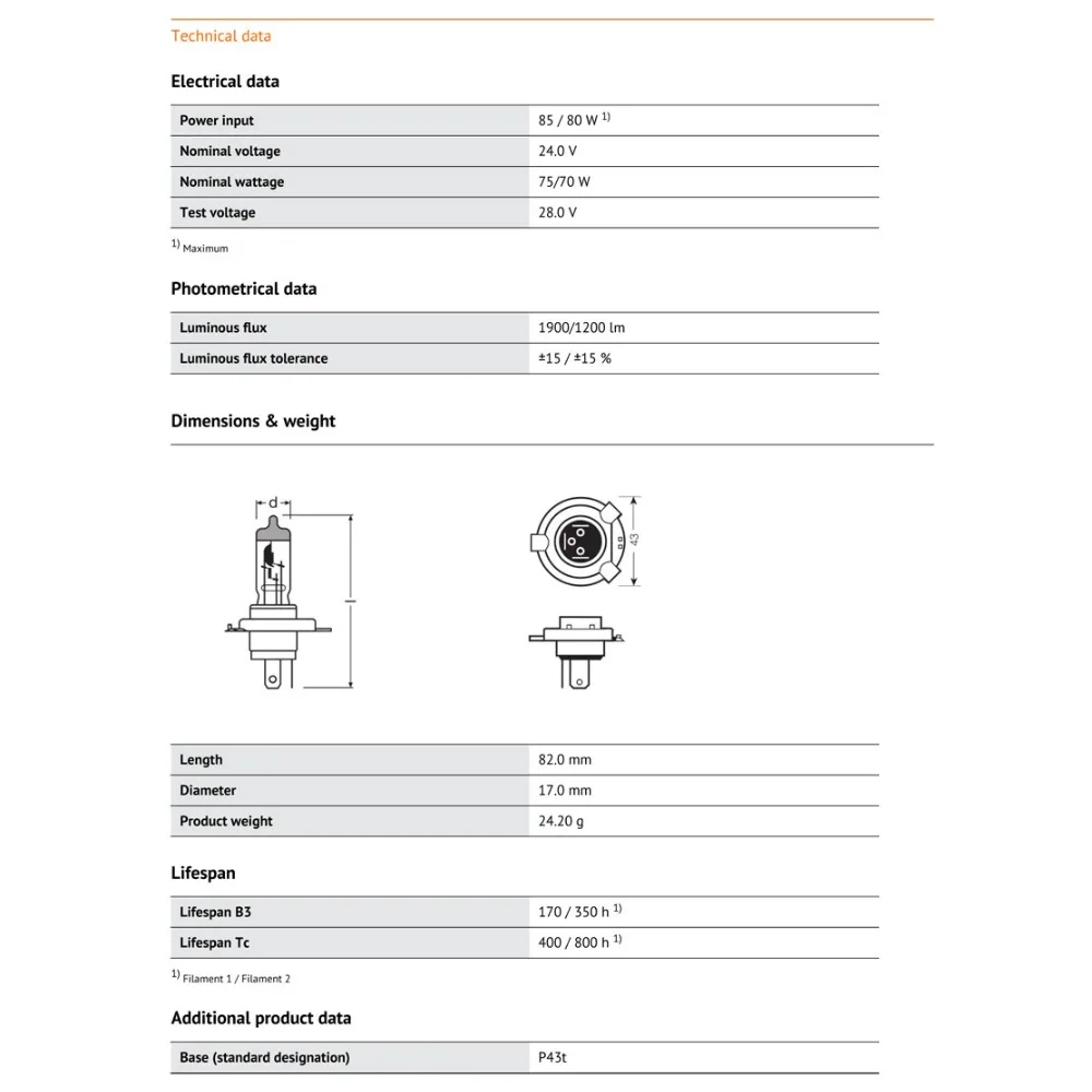 OSRAM H4 Truck 9003 24V 75/70W 64196 P43t 3200K Классическая оригинальная головная лампа высокого