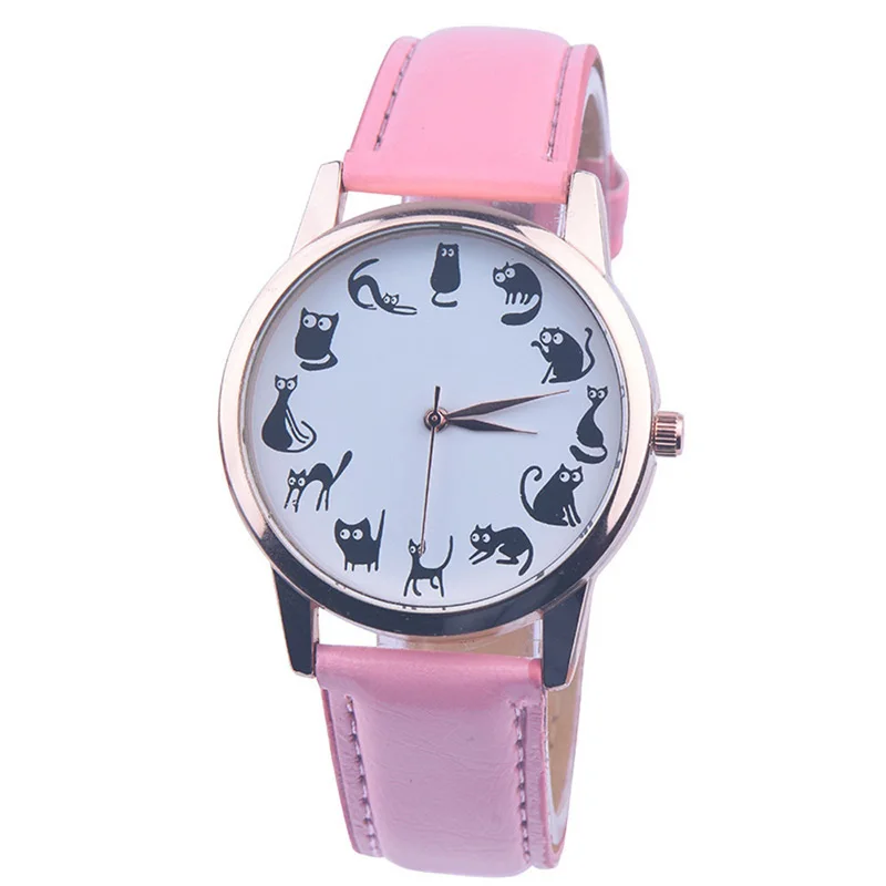 Pink Relogio Feminino часы Для женщин Мода г. Роскошные брендовые милый котенок из искусственной кожи ремешок кварцевые модные наручные часы Reloj Mujer Saat - Цвет: Pink