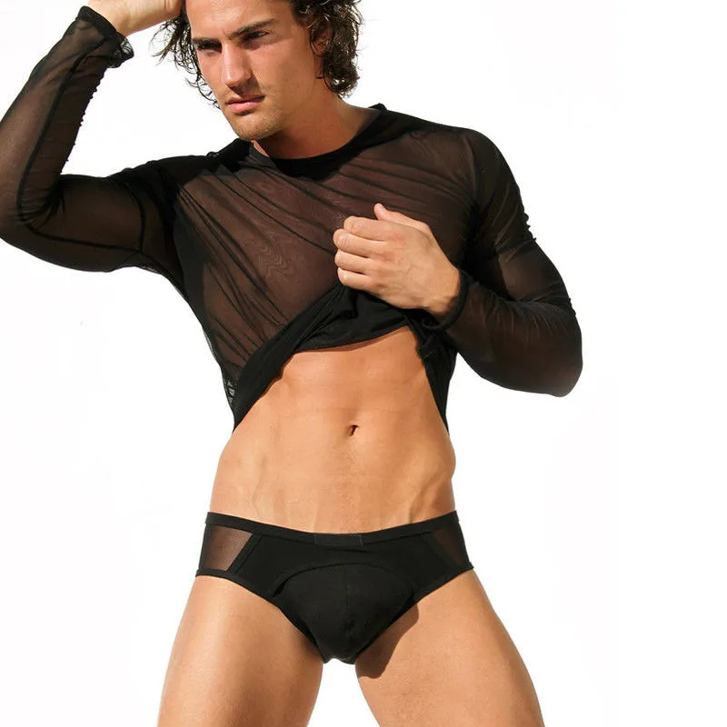 Мужская прозрачная Сетчатая футболка черно-белая облегающая с длинными рукавами